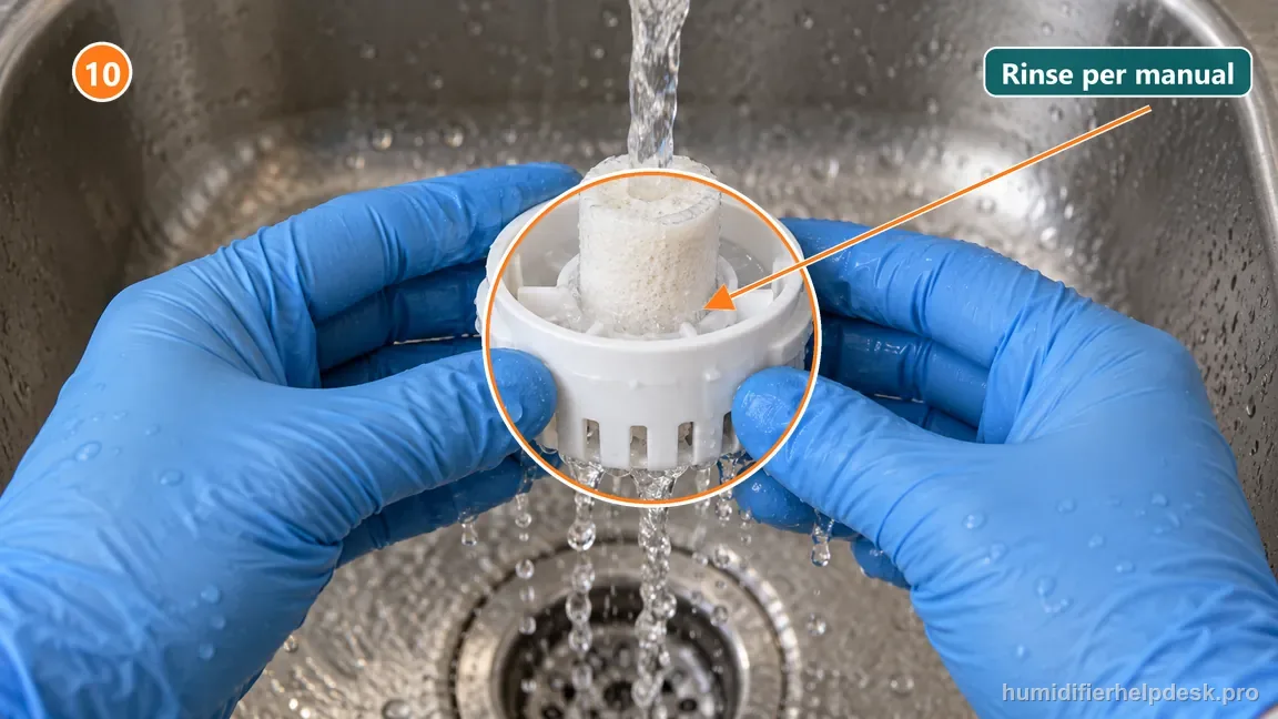 The removed filter assembly is rinsed under running water through its porous center over a sink.