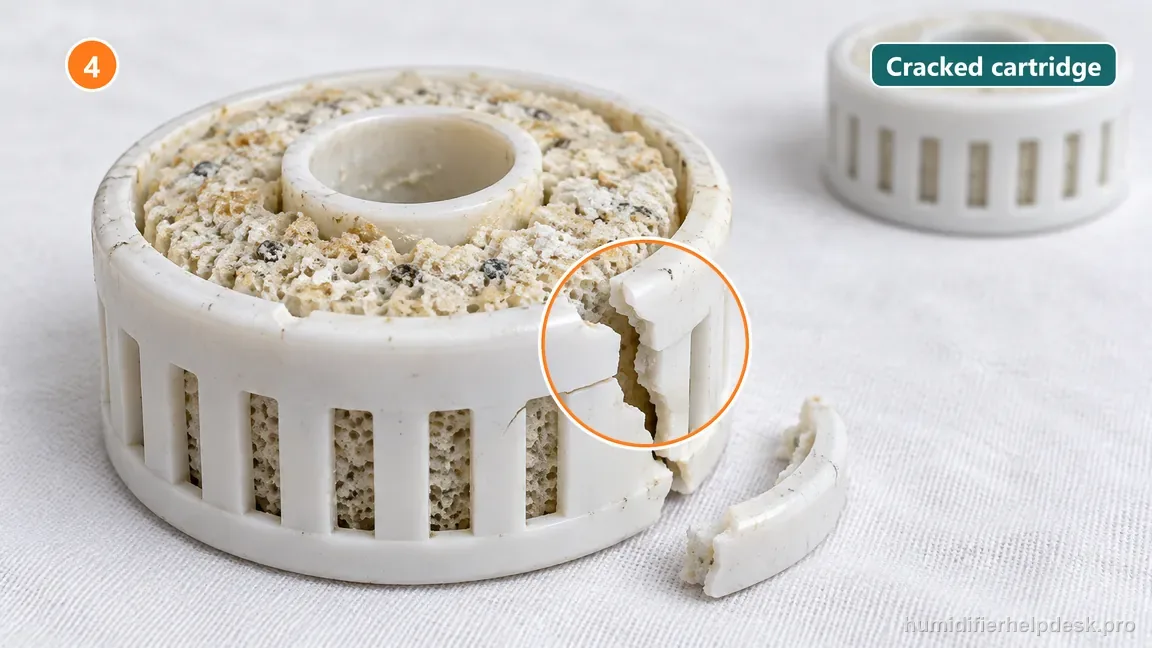 A close view shows the filter cartridge with a split plastic rim and heavily clogged porous center.