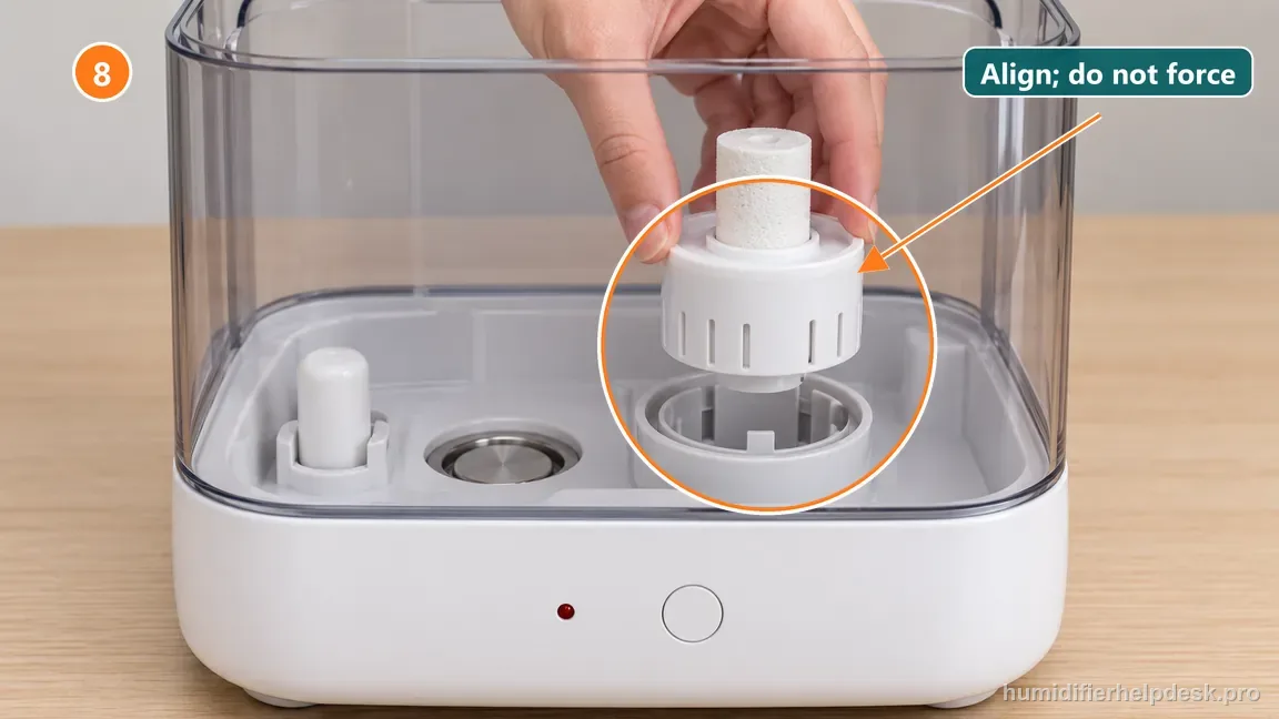 An intact replacement cartridge is aligned above its matching circular well in the unplugged tank.