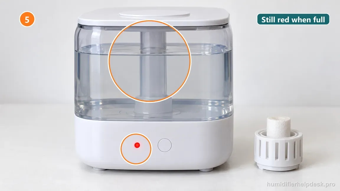 The humidifier tank contains water and is seated, the clean filter is beside it, and the red indicator still glows.