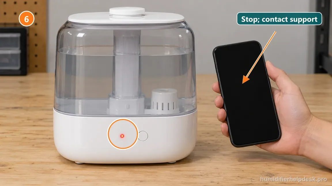 A hand holds a blank unbranded phone beside the assembled humidifier with its red water light still on.