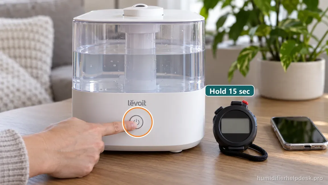 A finger holds the Dual 200S power button while a stopwatch times the documented reset interval.