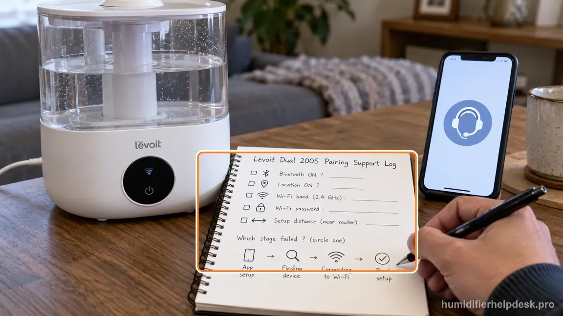 A support log records the Bluetooth, Location, Wi-Fi band, distance, and failed setup stage.