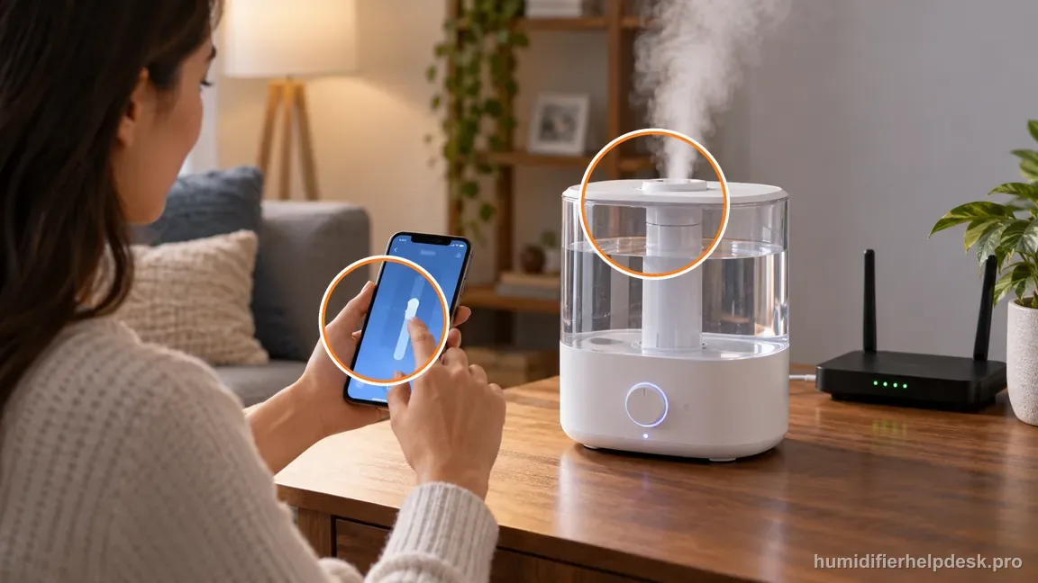 The VeSync phone control is changed while the nearby humidifier visibly produces mist.