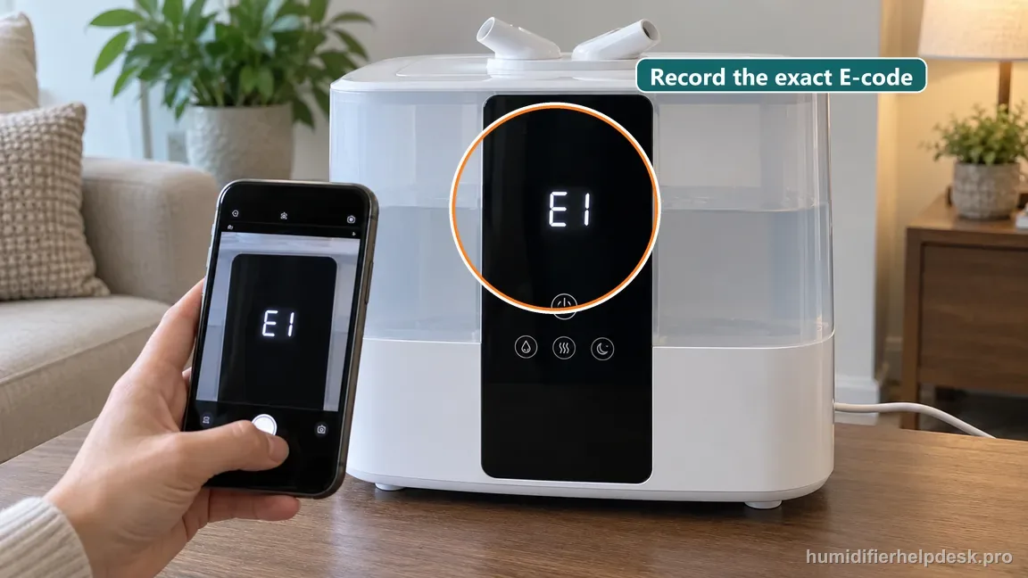 The powered Levoit LV600S shows E1 while a phone camera records the illuminated front display.