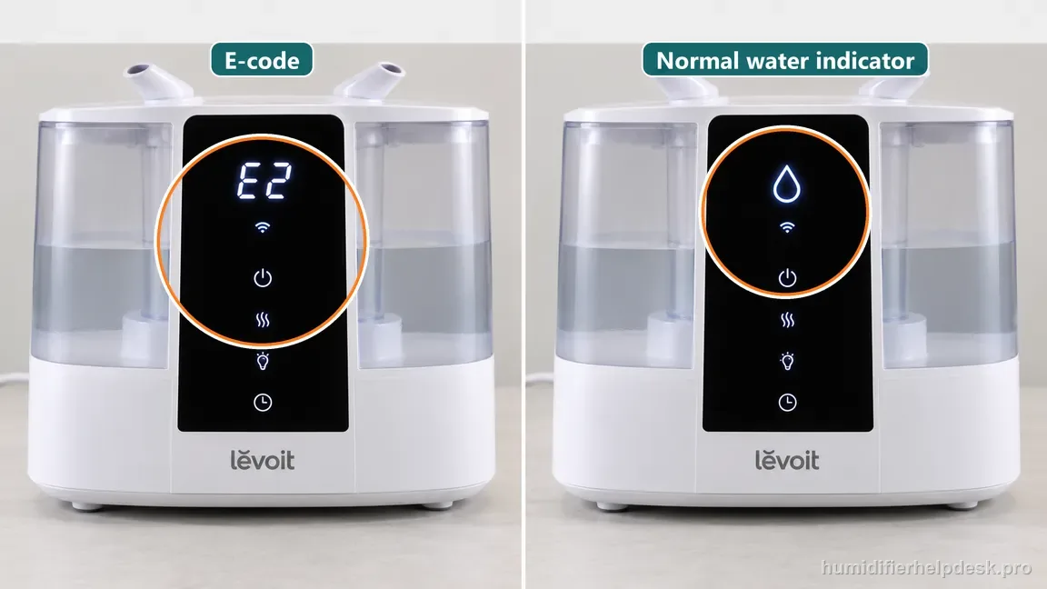 Two LV600S displays compare an E2 error code with the separate normal water-drop indicator.