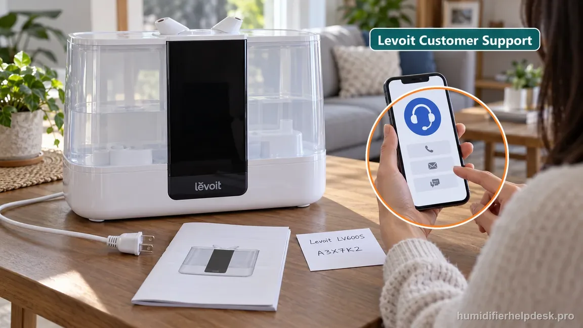 An unplugged LV600S, its manual, and a model note sit beside a phone support contact screen.