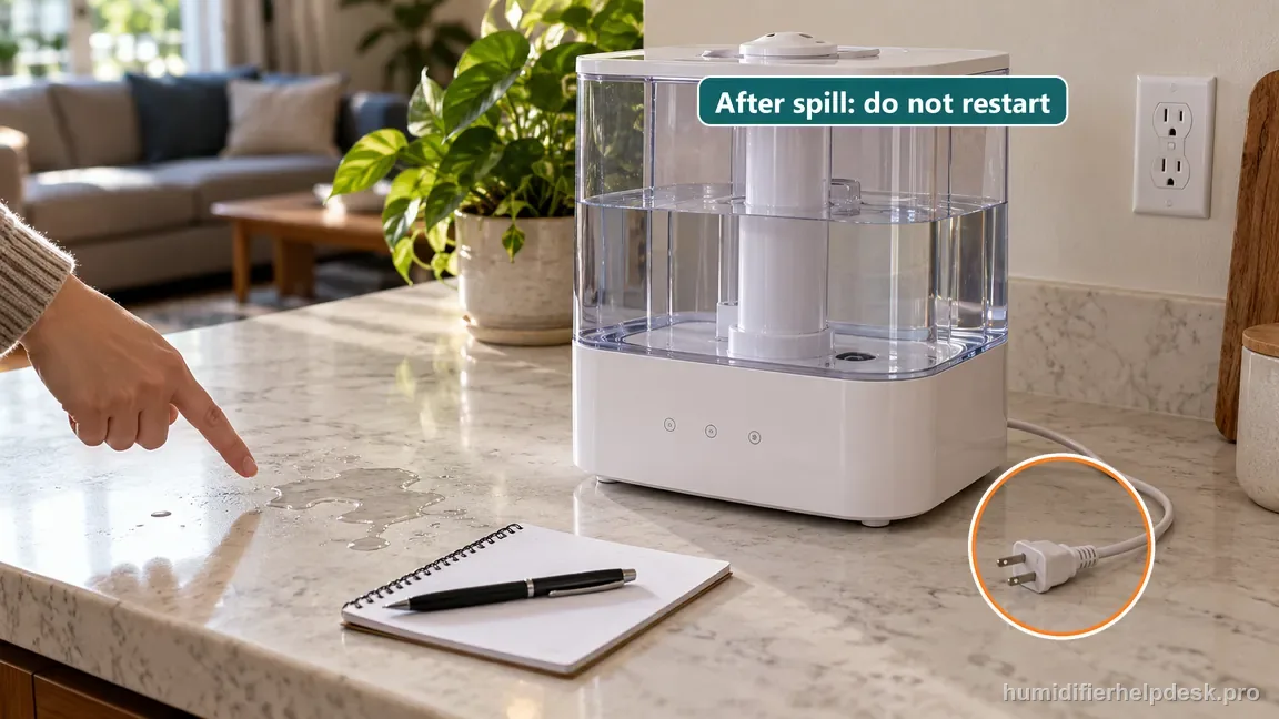 An illustrative humidifier is left unplugged after a spill is recorded, with a reminder not to restart it.