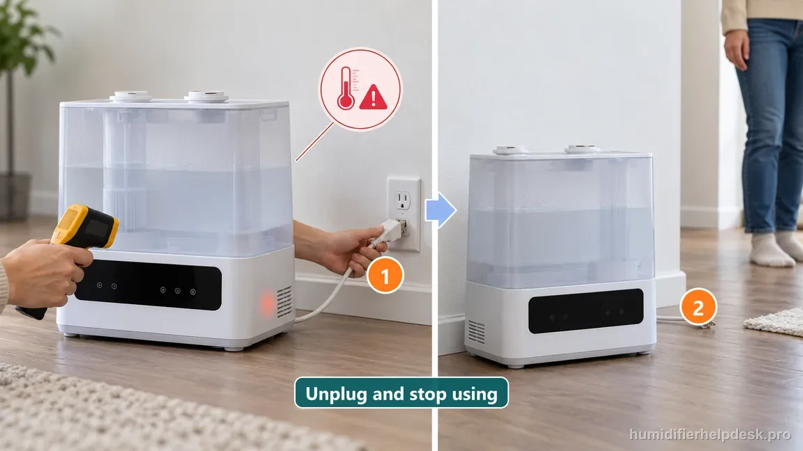 An illustrative humidifier with a thermometer warning is unplugged and left off.