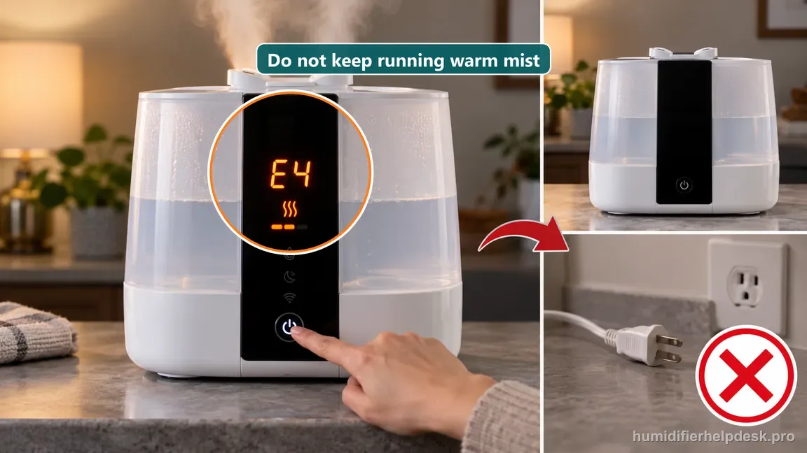 The LV600S shows E4 during warm-mist use, followed by a dark unit with its plug disconnected.