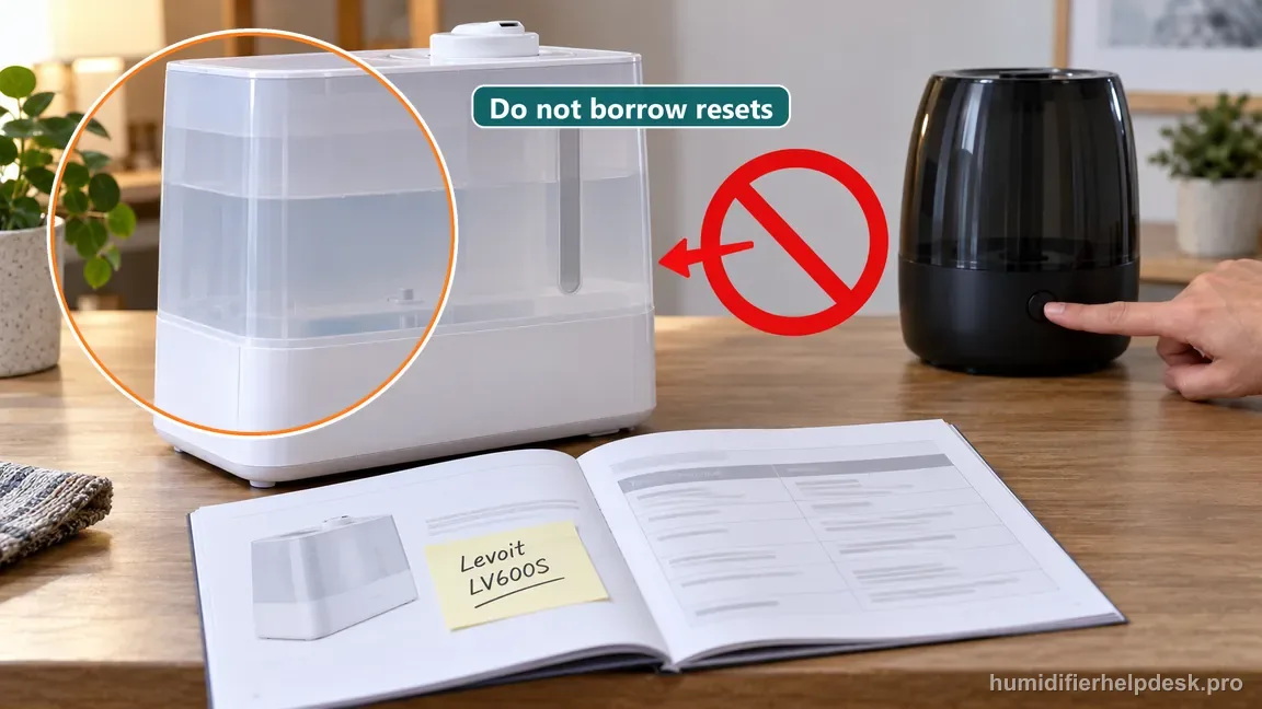 The LV600S manual is separated from a different humidifier whose button is being pressed.