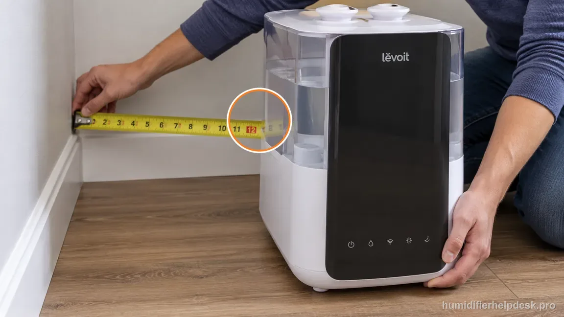 A tape measure confirms 12 inches of wall clearance for the Levoit LV600S.
