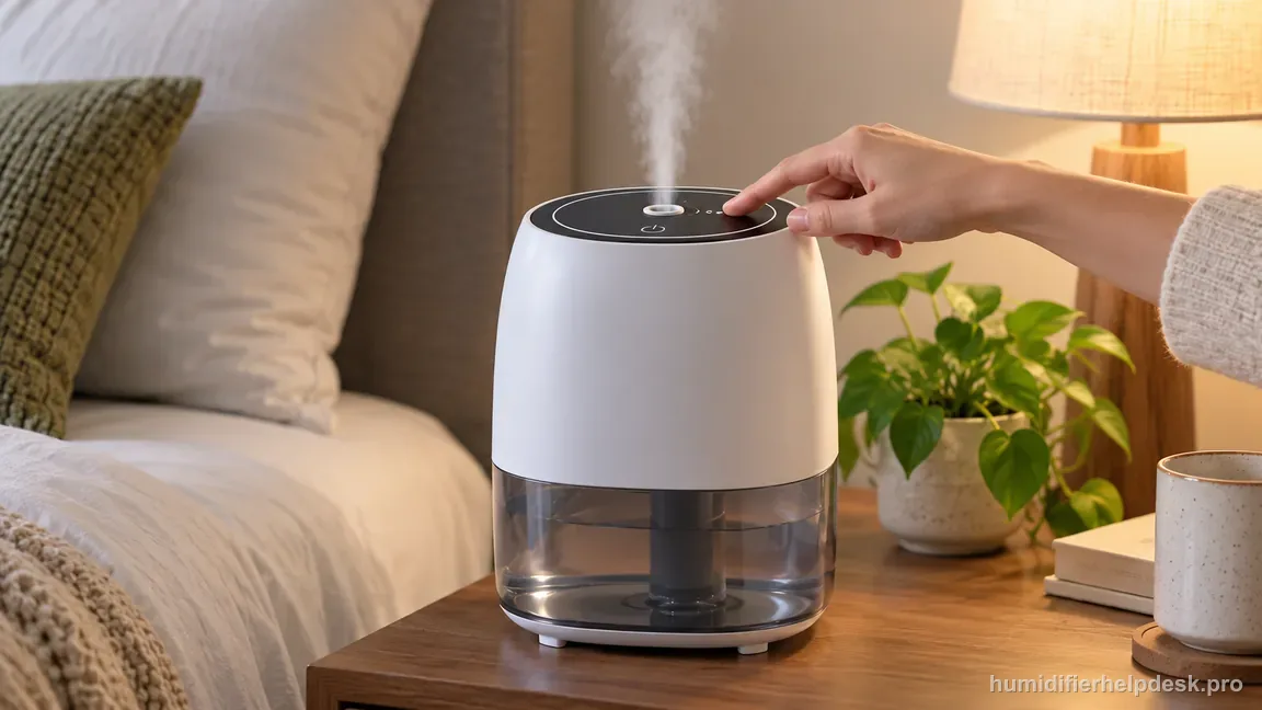 A hand selects a higher mist output on the black top control panel while the LV600S emits visible cool mist.