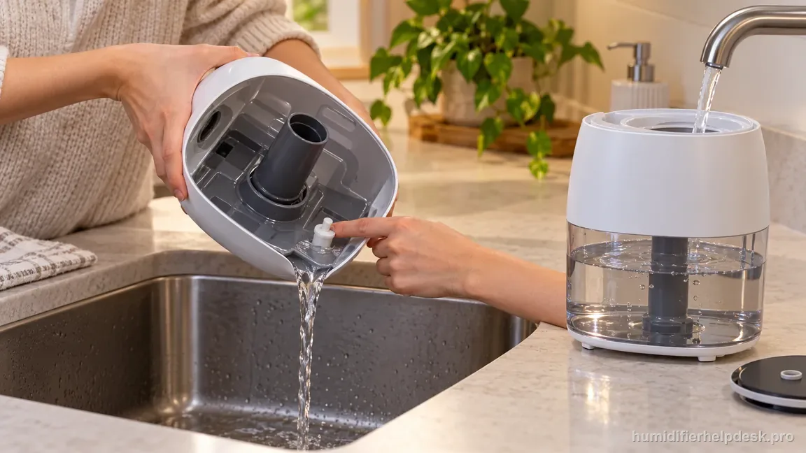 With the LV600S unplugged, excess water drains from the base chamber corner while a finger holds the float in place.