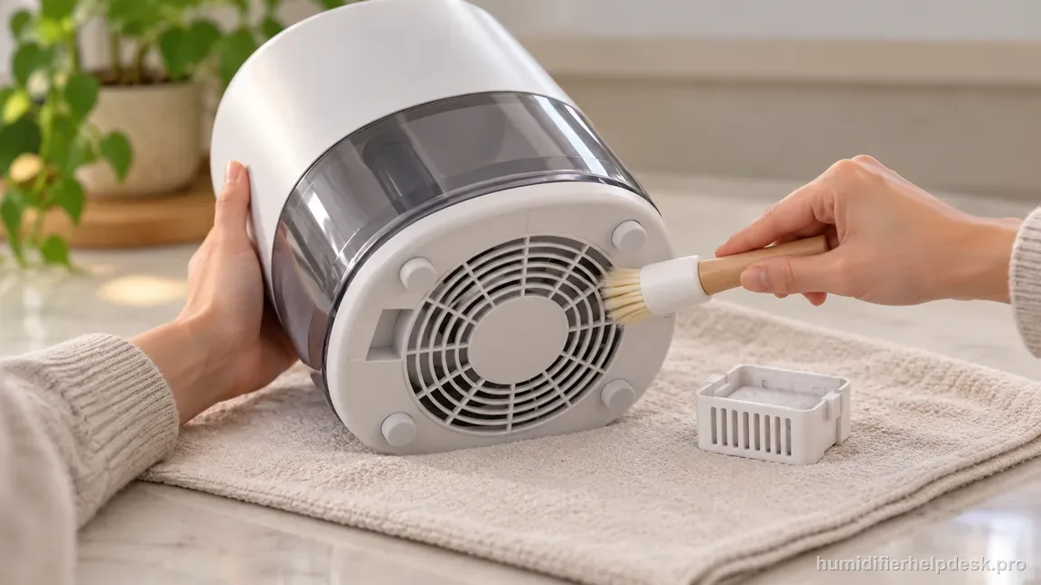 The unplugged LV600S is tilted over a dry towel so its underside air inlet can be checked and brushed clear.