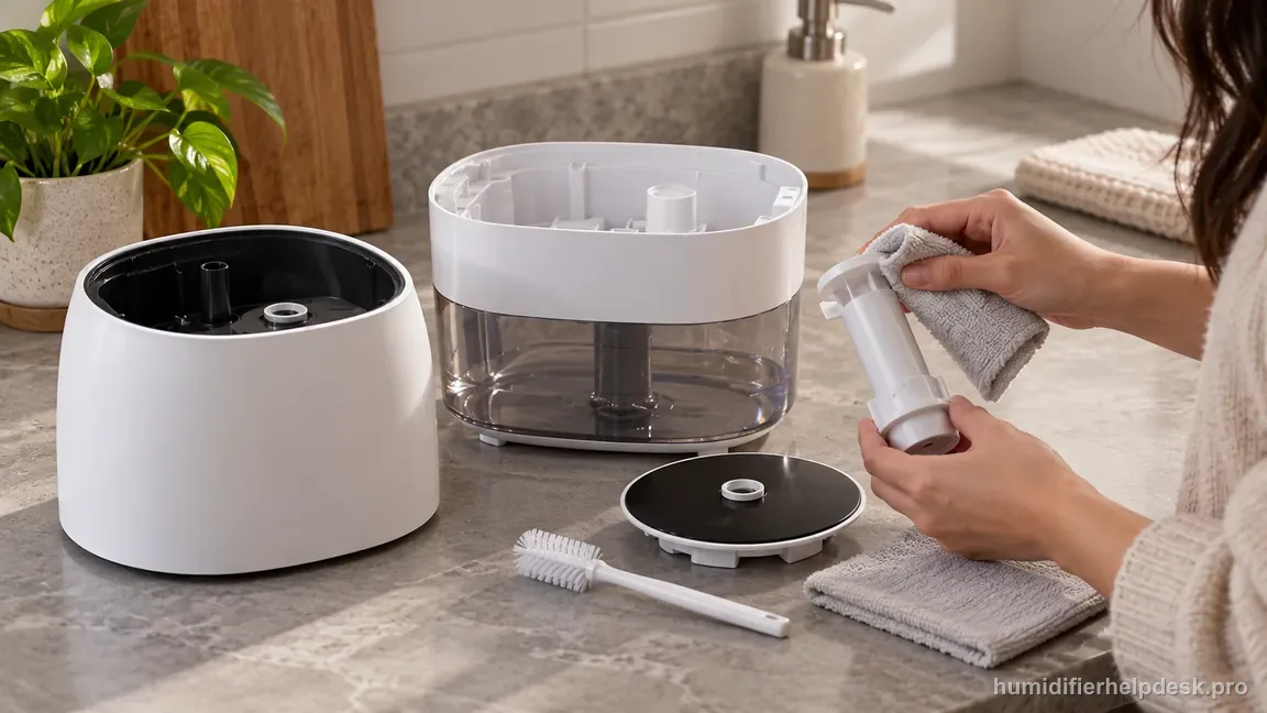 The LV600S is unplugged as its removable mist channel, mist tube, and nozzle parts are cleaned with a soft cloth and brush.
