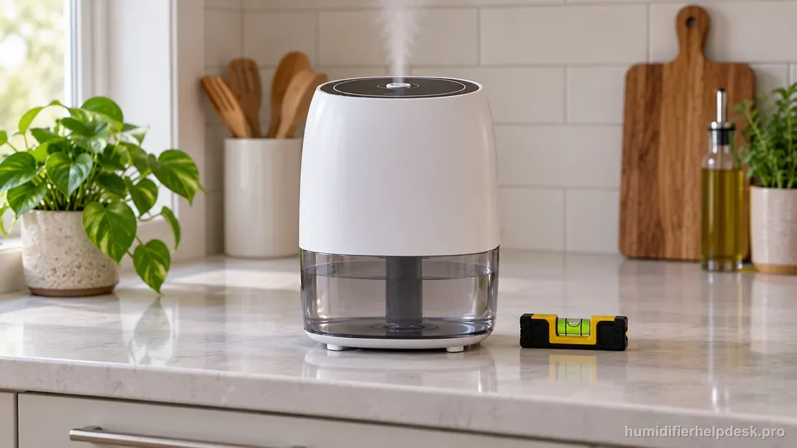 The LV600S stands upright on a hard, level countertop with a bubble level beside the base.