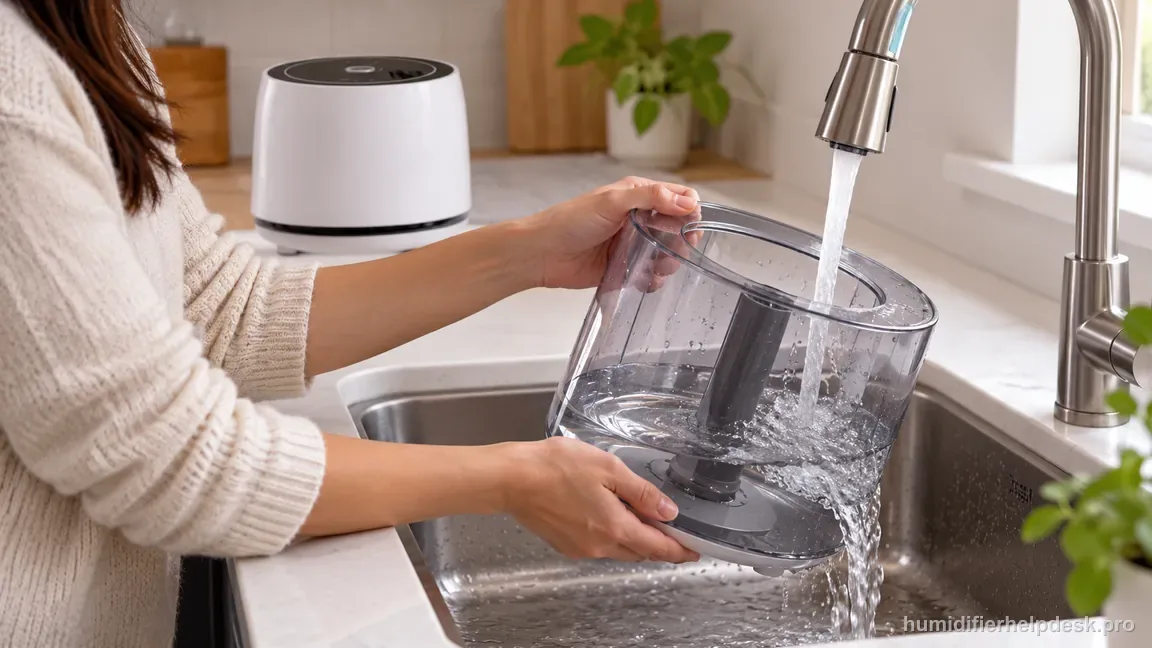 The detached LV600S water tank is rinsed with clean water while the unplugged housing stays dry on a separate counter.
