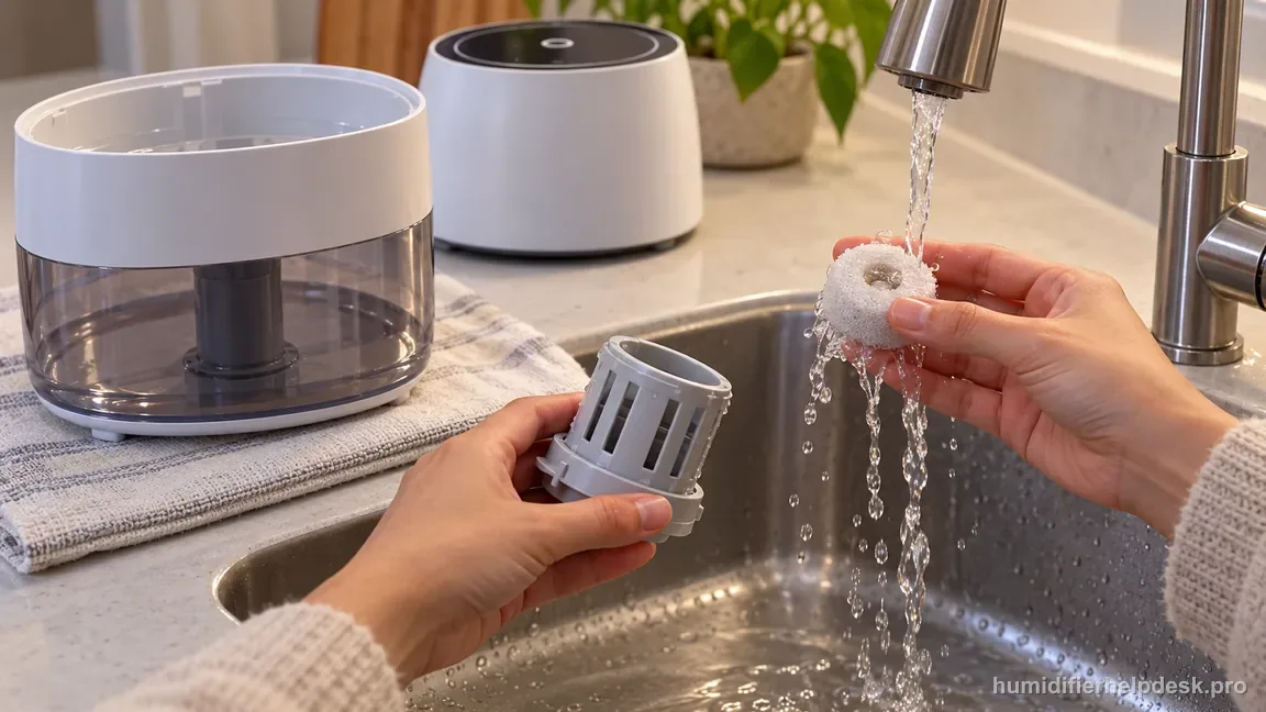 The removed LV600S water-filter assembly and round sponge are rinsed with clean water at a sink.