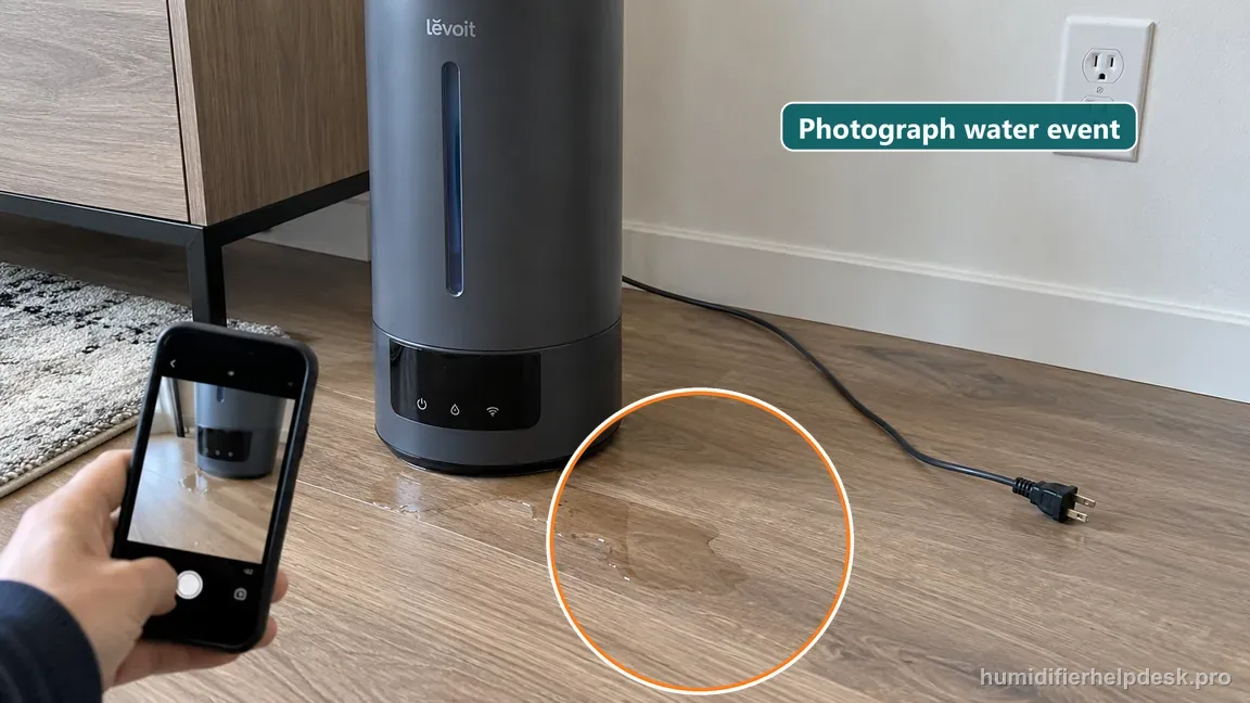 A phone documents water on the floor beside the unplugged OasisMist 1000S while its dry plug remains away from the spill.