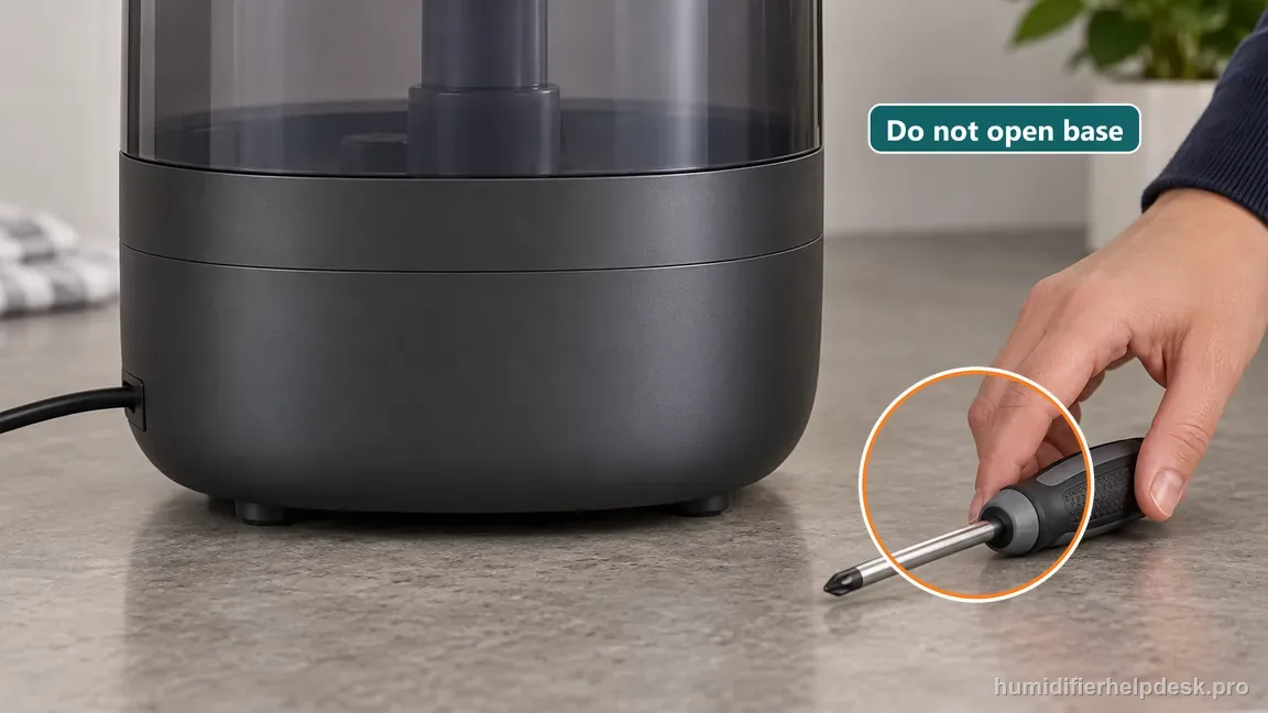 A screwdriver is set aside next to the closed, intact humidifier base instead of opening its housing or removing a sensor.