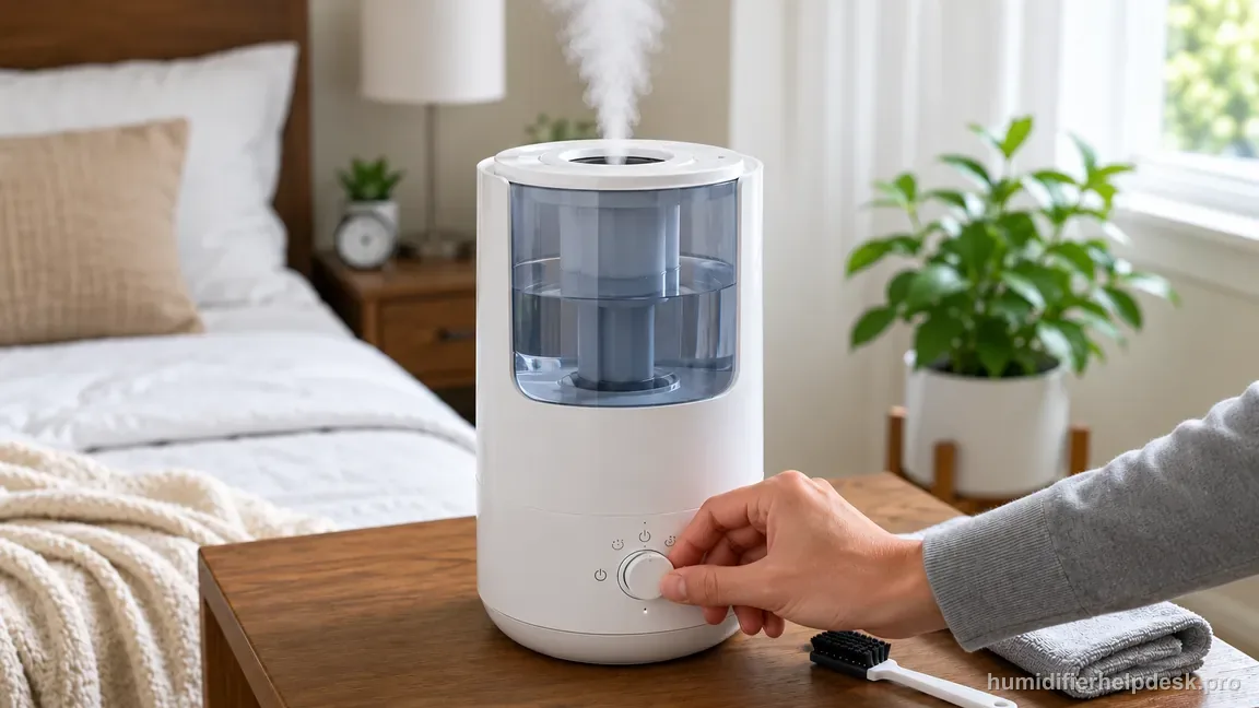 A hand turns the OasisMist 1000S circular control dial while the humidifier produces visible mist from its top nozzle.
