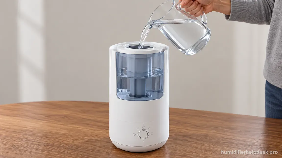 With the OasisMist 1000S unplugged, a pitcher fills its water-inlet tank through the opening beneath the removed top cover.