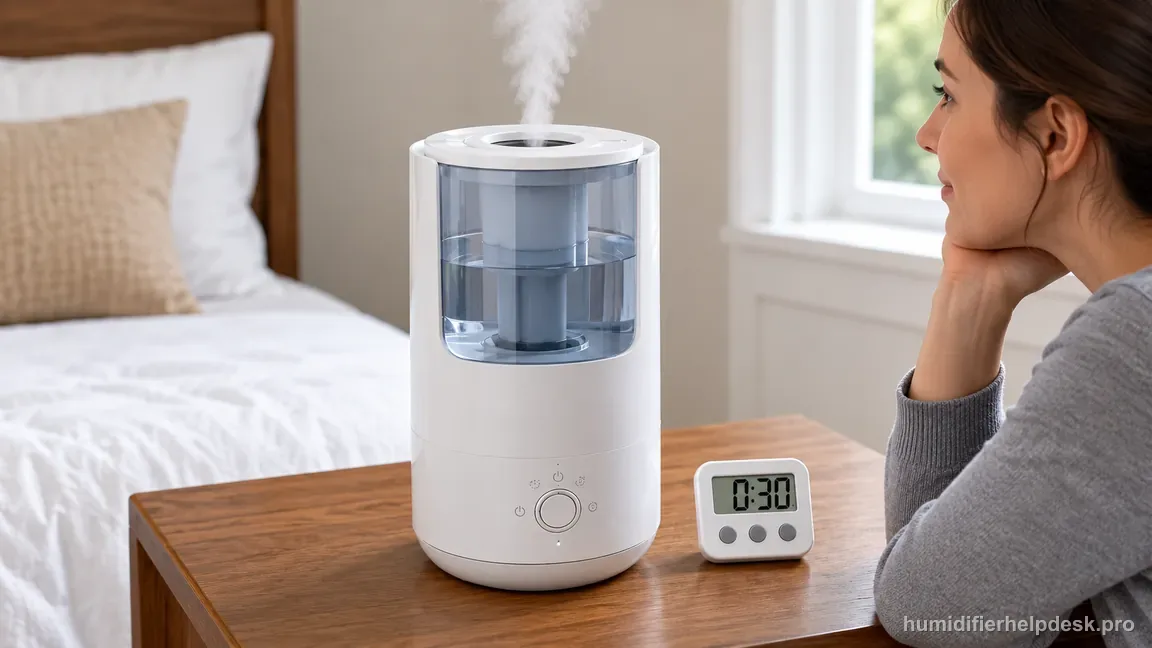 The OasisMist 1000S produces mist as its owner waits beside a timer showing the documented 30-second startup interval.