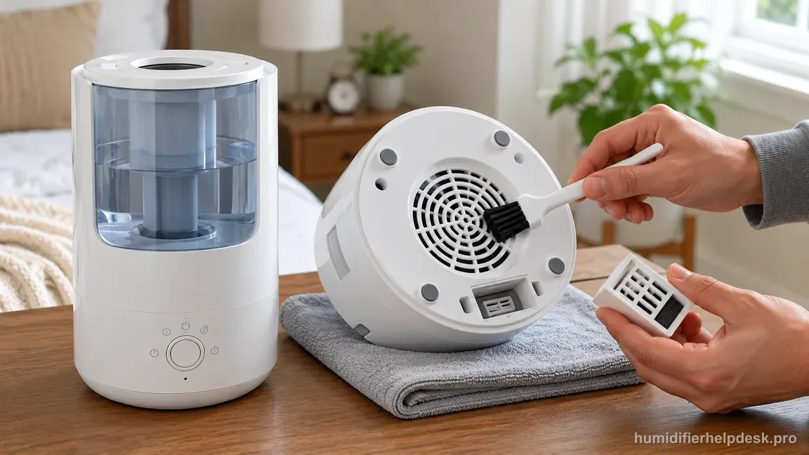 The unplugged OasisMist 1000S is tilted safely on a towel while its underside air inlet and removable aroma-box inlet are checked.