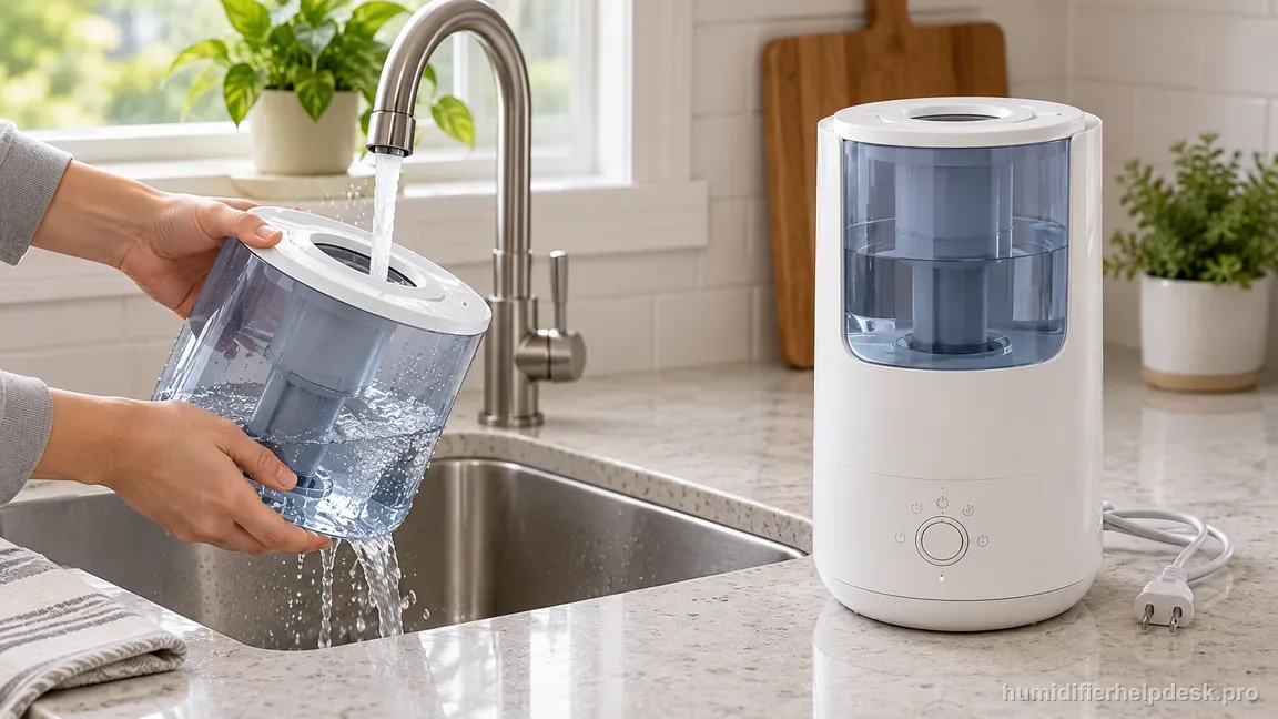 The detached OasisMist 1000S water tank is rinsed at a sink while the unplugged humidifier stands level on a countertop.