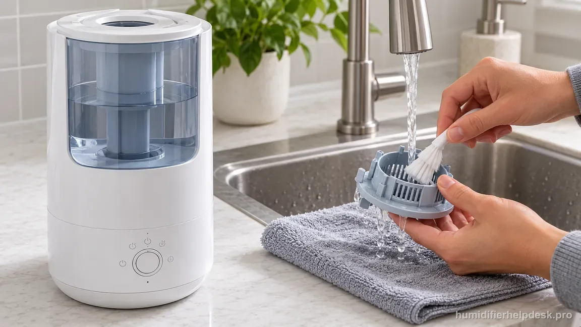 The unplugged OasisMist 1000S pump cover is gently cleaned with a soft brush while the humidifier base remains dry.