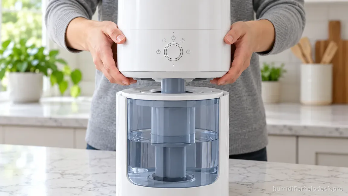 Hands align the OasisMist 1000S base straight onto its blue-gray water tank so the base sits properly and evenly.