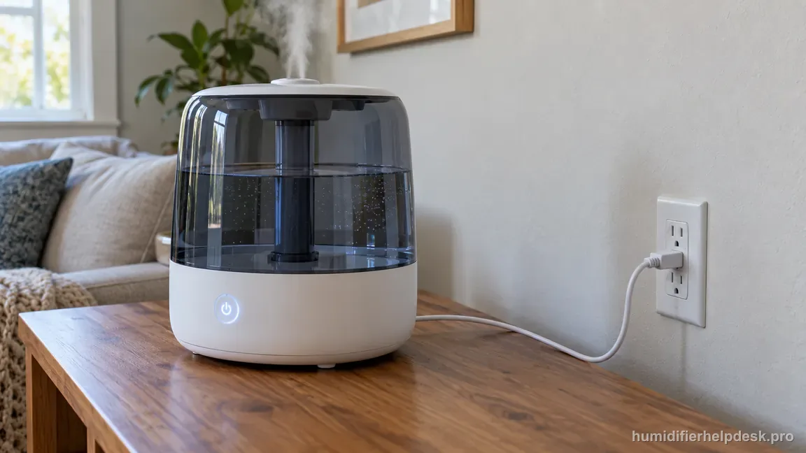 A full OasisMist 450S stands on a dry level table with its power control lit and its cord fully seated in a nearby wall outlet.