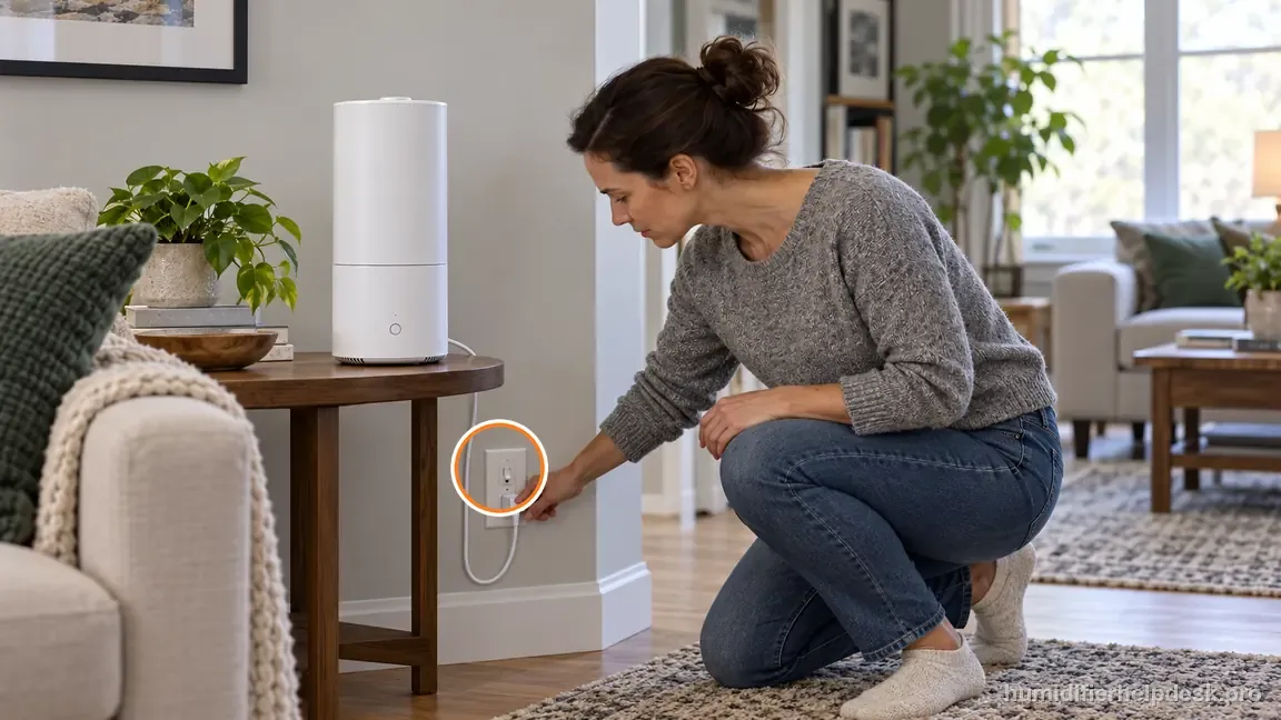 An adult checks the plugged-in OasisMist 450S at a switched wall outlet while the unit rests upright on a dry table.