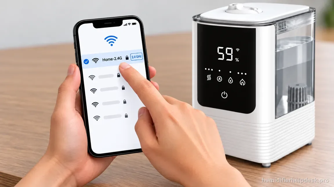 A phone Wi-Fi menu shows a secure Home-2.4G network selected with a visible 2.4 GHz band beside the powered OasisMist 450S.