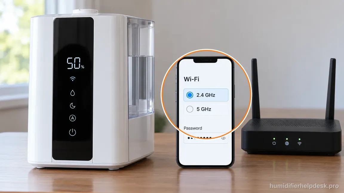Select a secure 2.4 GHz Wi-Fi network and confirm the saved password before pairing the OasisMist.