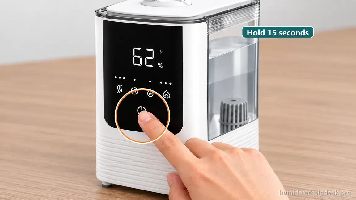 A finger holds the OasisMist 450S front power control while the caption identifies the documented 15-second reset.