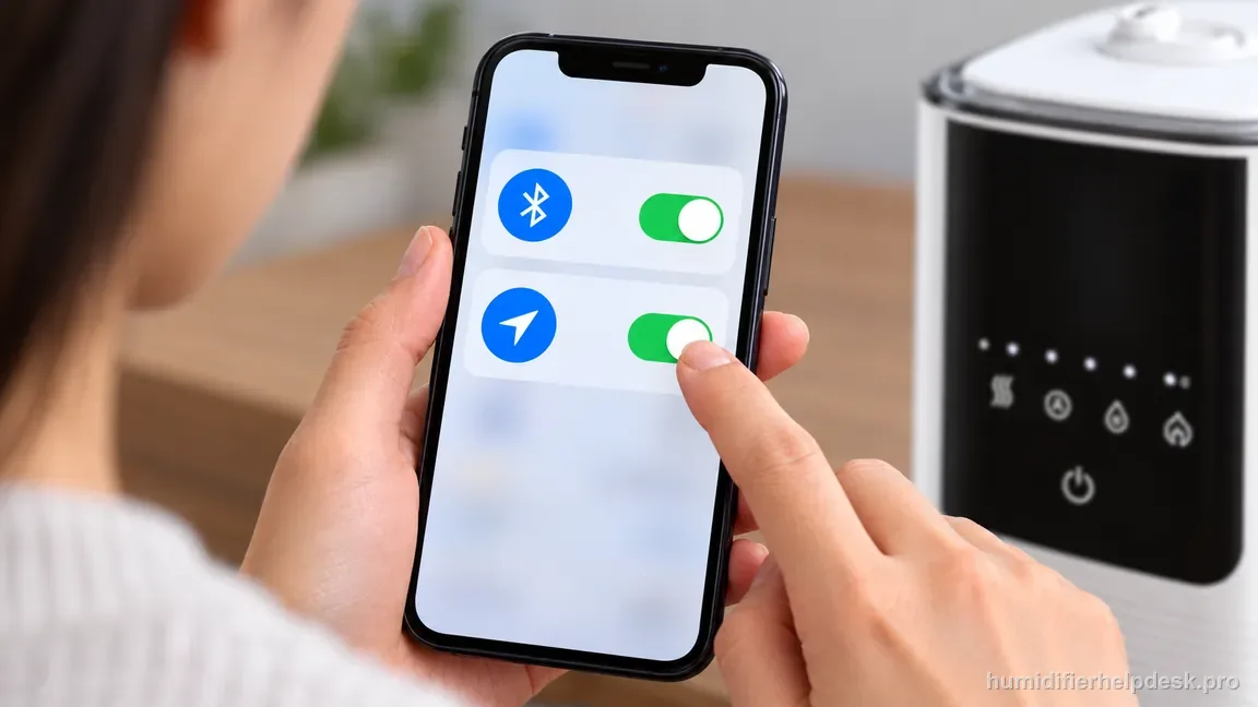 A phone beside the ready OasisMist 450S shows Bluetooth and Location service icons with both system toggles enabled.