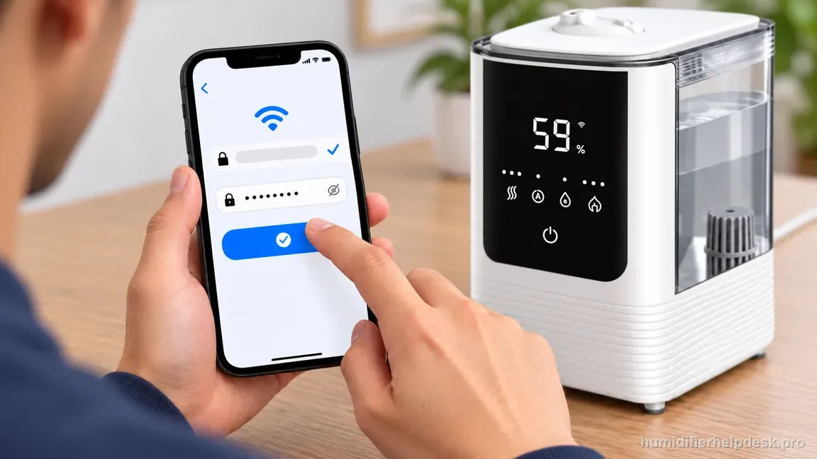 A phone beside the OasisMist shows a secured Wi-Fi join screen, a masked password field, and a selected network.