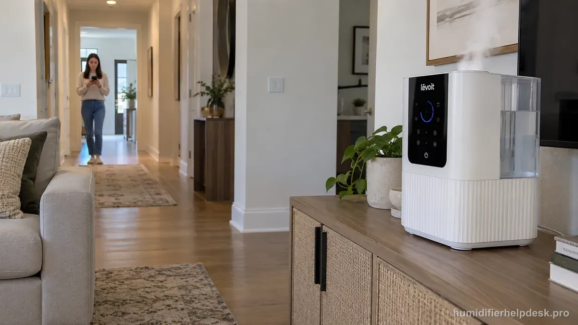 A phone is several room lengths away from the powered OasisMist 450S, showing a setup distance that should be shortened.
