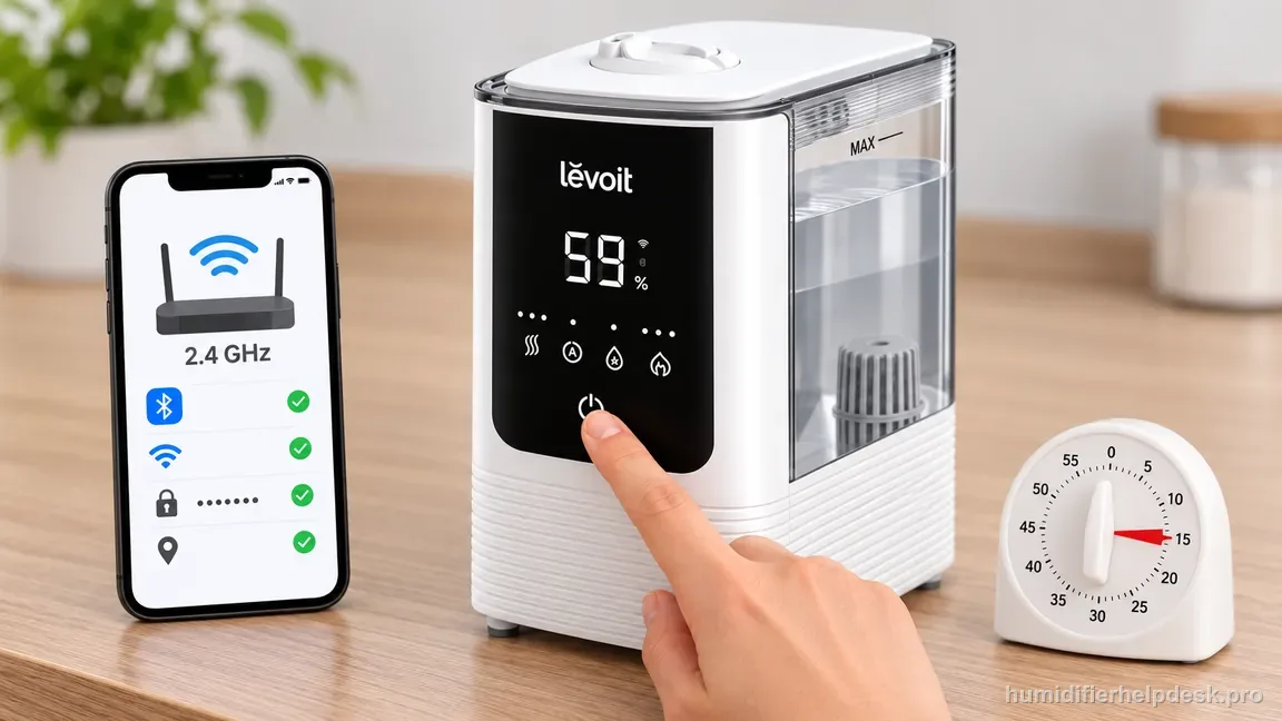 A finger holds the OasisMist 450S power control while the phone shows the verified 2.4 GHz setup and a timer reaches fifteen seconds.