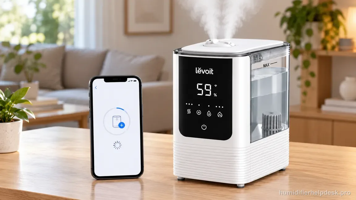 The OasisMist 450S produces a normal visible mist while the phone beside it remains on an unfinished add-device screen.