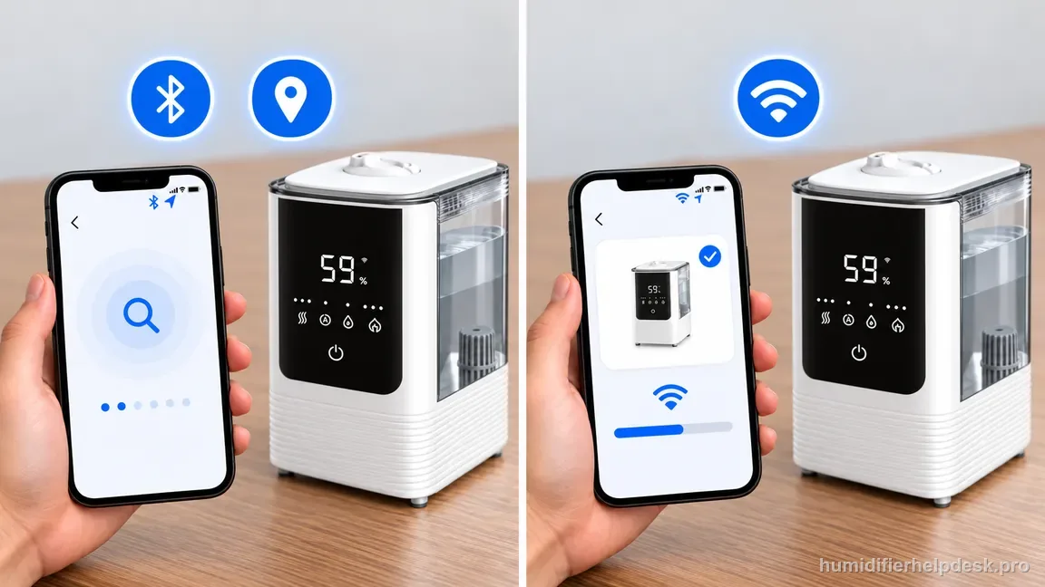 A two-panel comparison shows a phone waiting to discover the OasisMist 450S and a later phone screen joining Wi-Fi after the device is found.