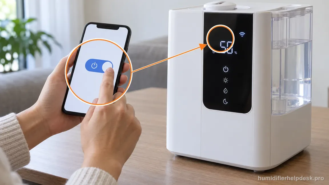 A generic phone power command is tapped and the OasisMist screen shows its Wi-Fi indicator and changed display.
