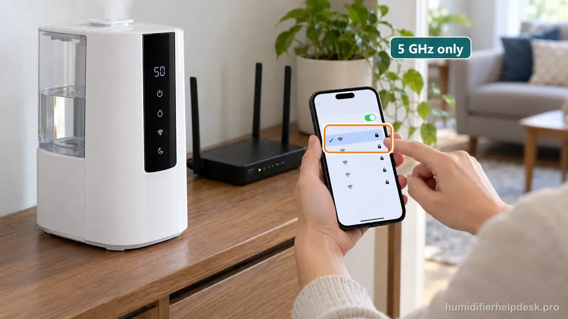Check the selected Wi-Fi network band before setup; this highlighted phone network is marked as 5 GHz only.