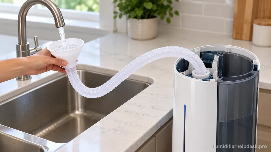 The Superior 6000S filling hose feeds water through the support-frame inlet into the tank beside a kitchen sink.