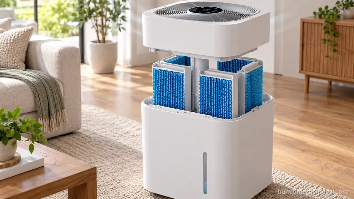 The Levoit Superior 6000S top fan module is aligned above four upright wick filters seated in the tank, with no visible fog.