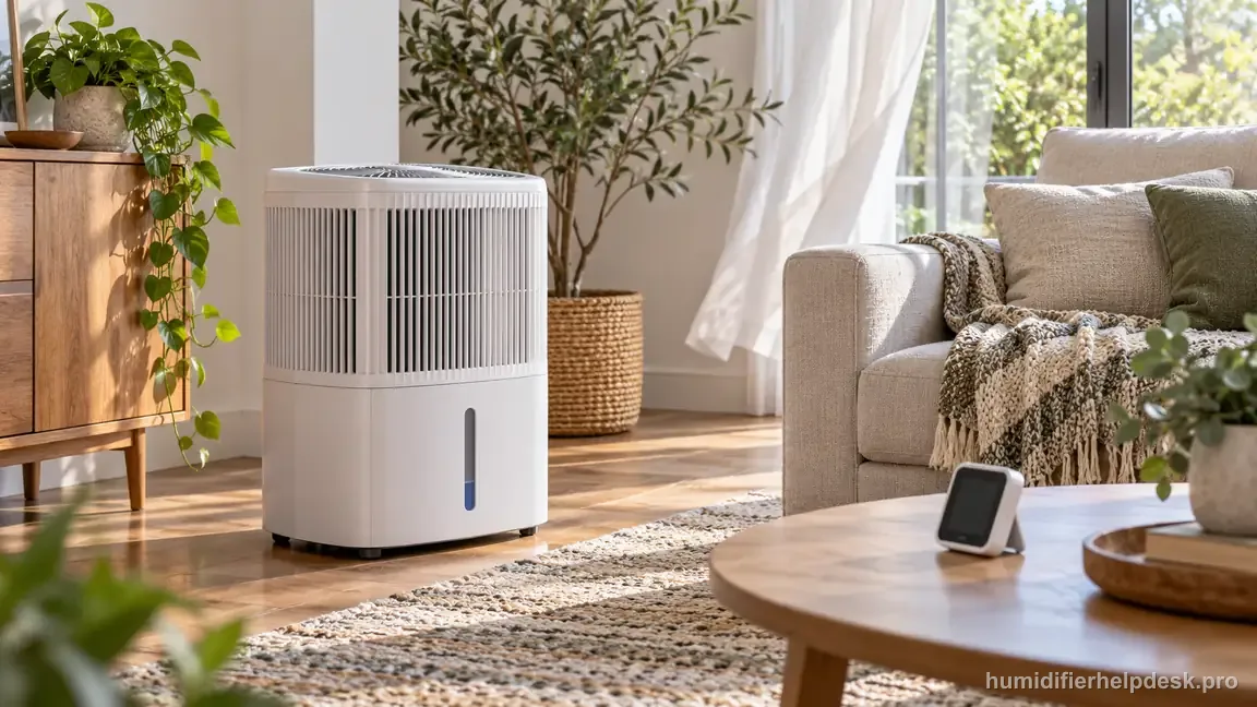 The assembled Levoit Superior 6000S runs with no fog while its side water-level window and a room hygrometer are visible for trend monitoring.