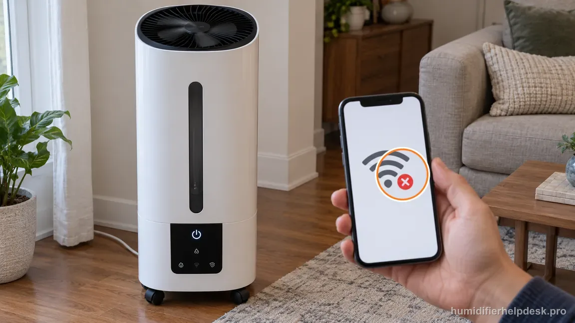 The powered evaporative Superior 6000S remains on while the nearby phone shows a disconnected Wi-Fi state.