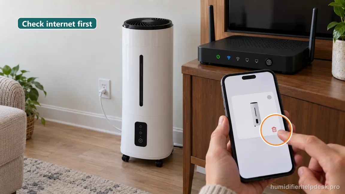 A finger is about to tap delete in a generic device card while the router is visible and needs an internet check first.
